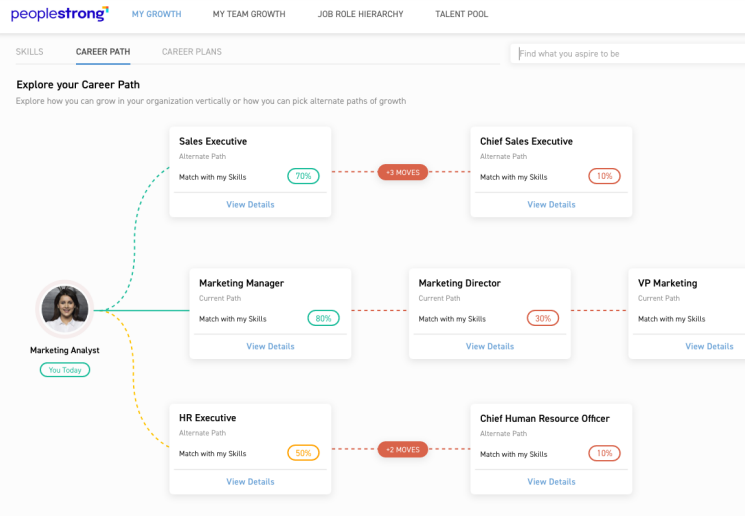 PeopleStrong Dashboard displaying Career Path of an employee within the Company.